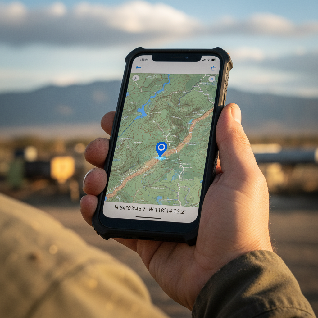 Close up of a hand holding a GPS device with map coordinates to show what is geolocation in field work.