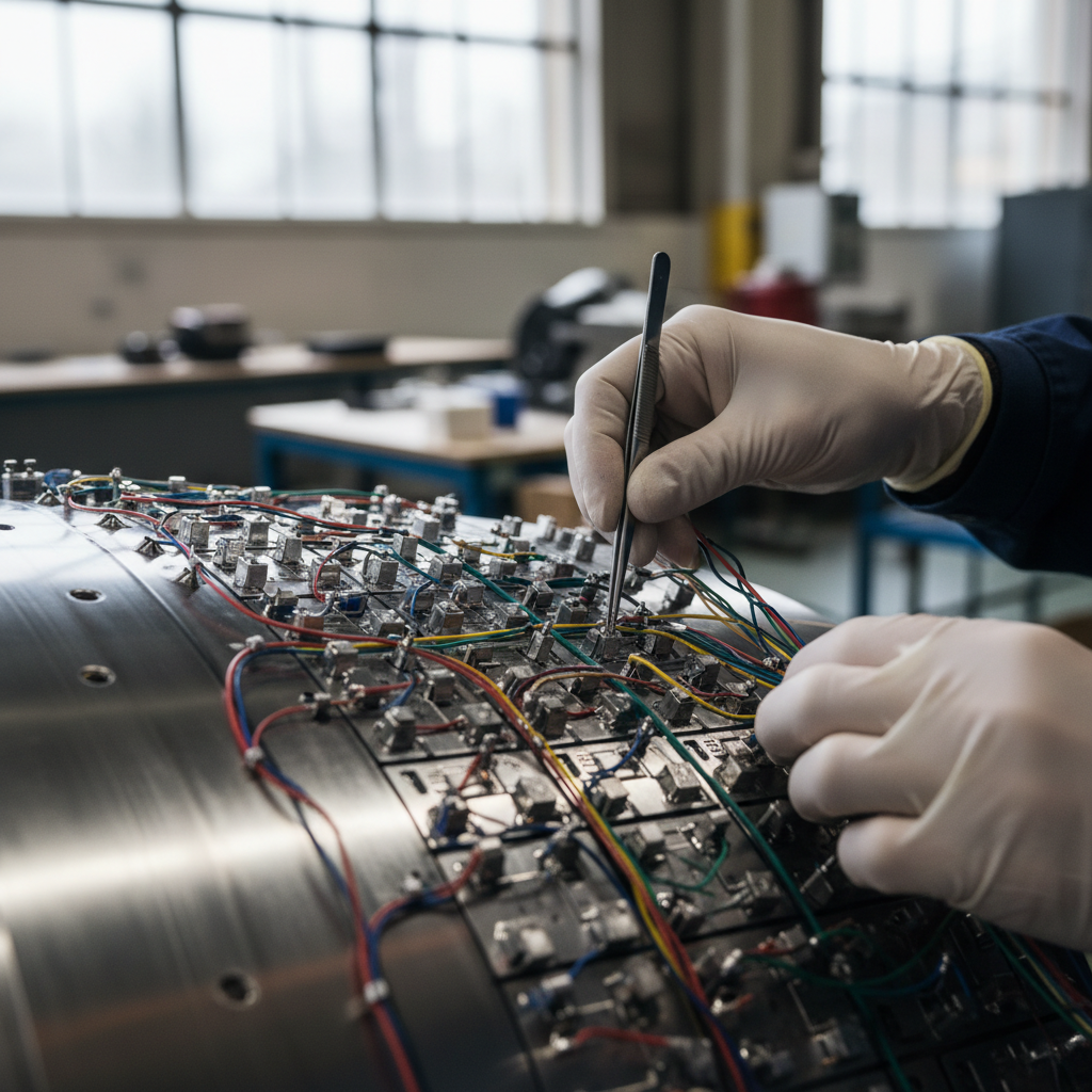 Detailed close up of a technician working on a turbine sensor for an aerospace digital twin diagnostic procedure.