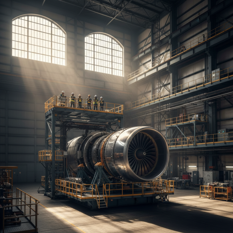 Engineers monitor a large turbine in a bright hangar showcasing an aerospace digital twin system in a wide industrial view.