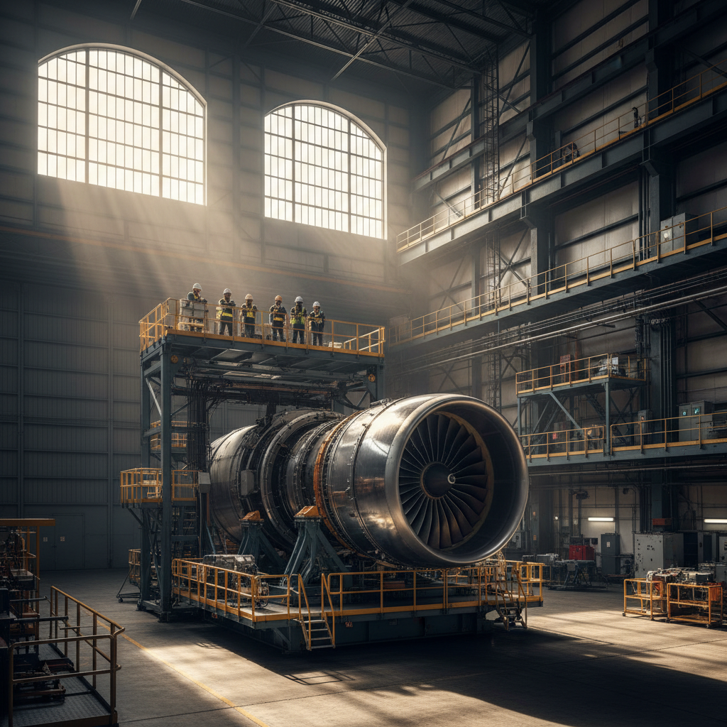 Engineers monitor a large turbine in a bright hangar showcasing an aerospace digital twin system in a wide industrial view.