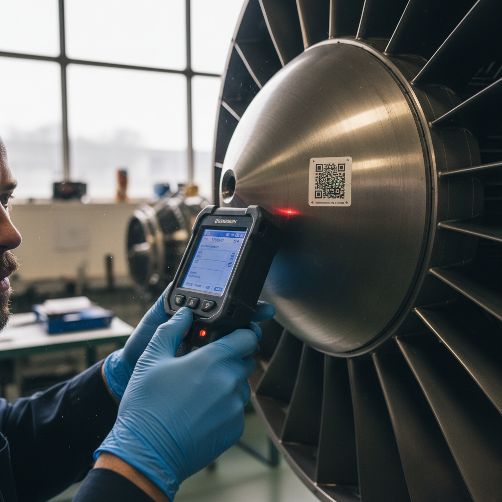 Technician scans a jet engine part for precise aerospace inventory management in a modern facility.
