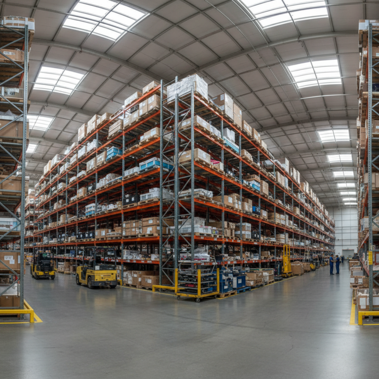 Wide view of a large hangar with organized parts showing scale in aerospace inventory management systems.