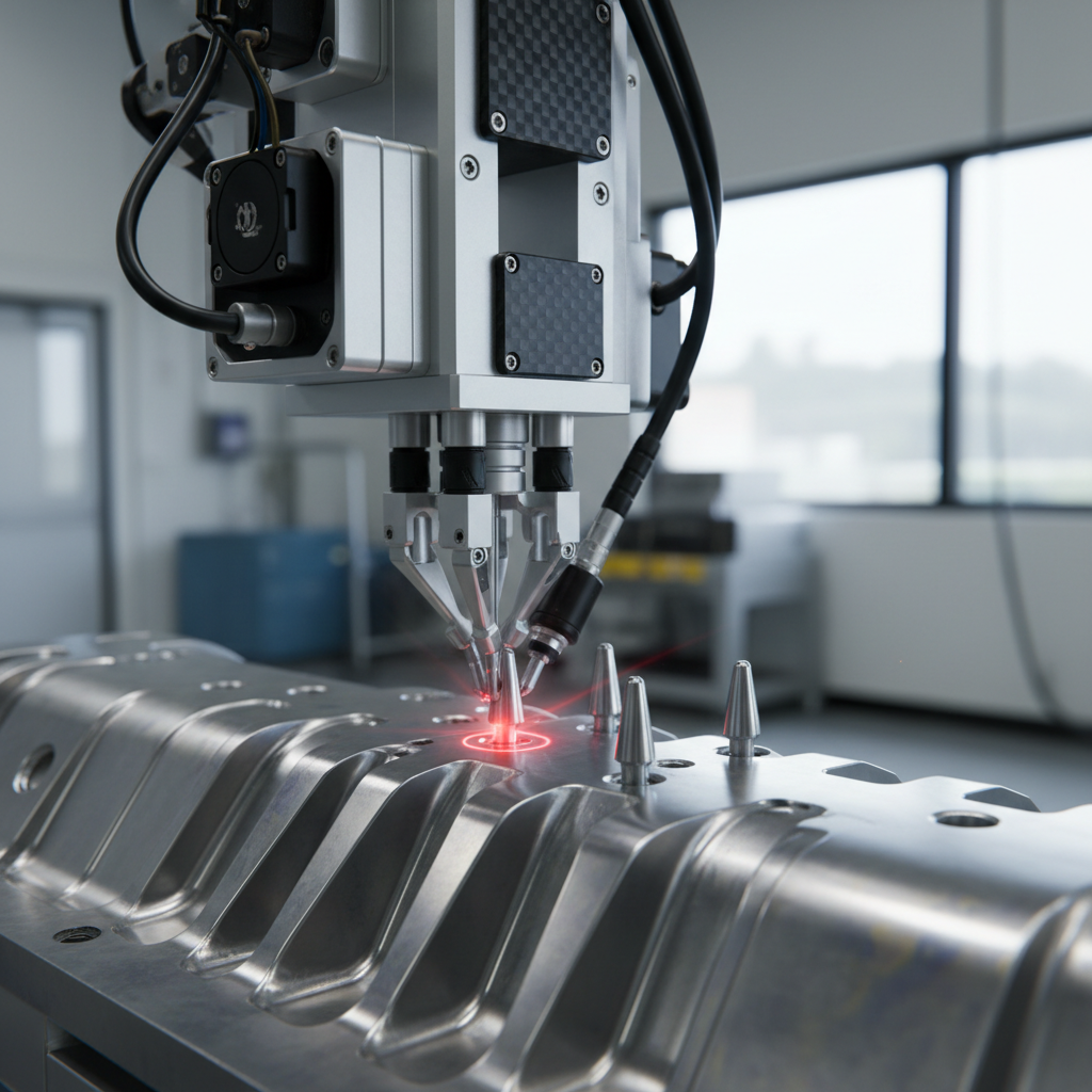 Close up of a robotic drill tool applying precision fasteners during the aerospace manufacturing automation process.