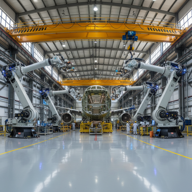 Wide view of large robotic arms working on an aircraft fuselage showing aerospace manufacturing automation at scale.