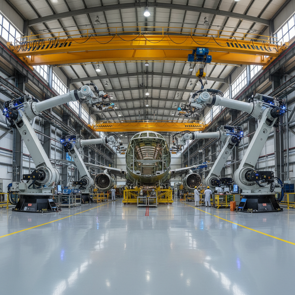 Wide view of large robotic arms working on an aircraft fuselage showing aerospace manufacturing automation at scale.