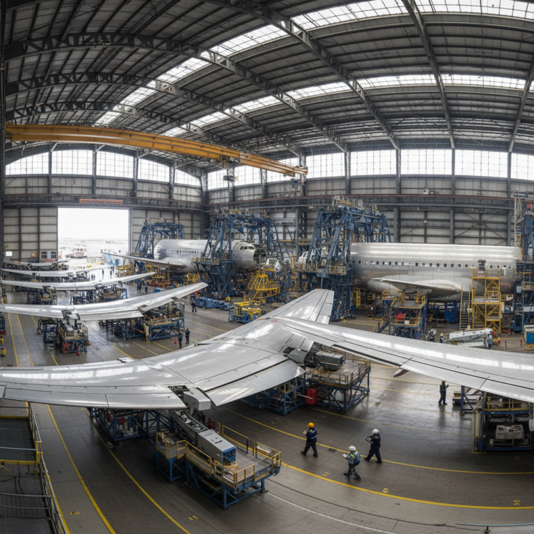 Wide view of a large aircraft assembly facility showing aerospace manufacturing challenges through complex scale operations.