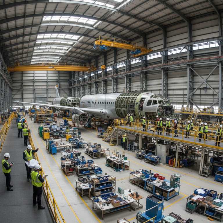 Wide view of a large aircraft assembly hall showing the scale of aerospace production planning and structural engineering.