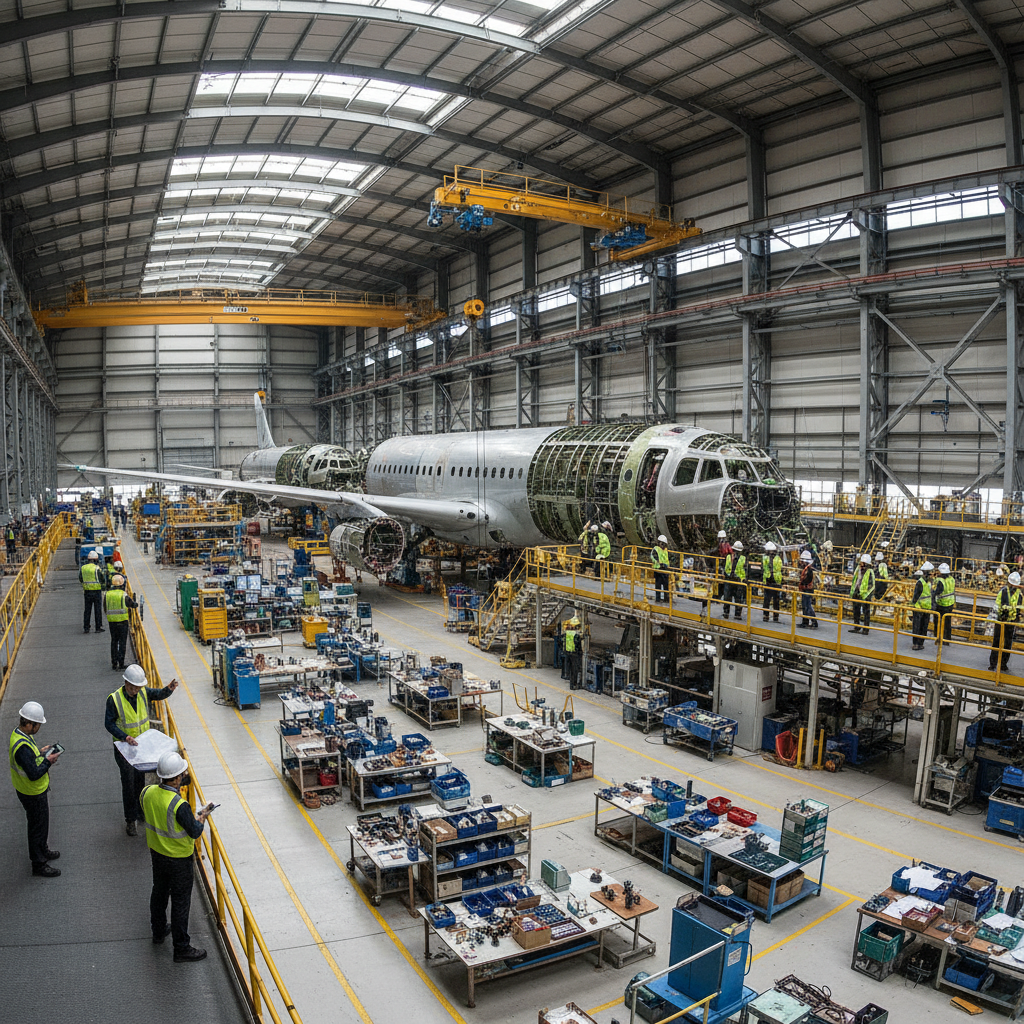 Wide view of a large aircraft assembly hall showing the scale of aerospace production planning and structural engineering.