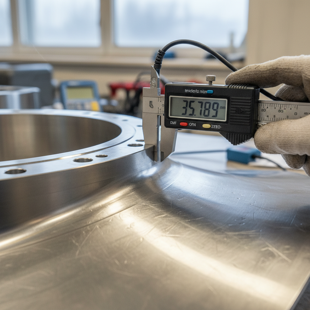 Technician performs a precise inspection on a turbine part for aerospace quality management protocols.