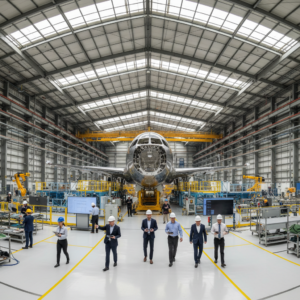 Wide view of a modern hangar where professionals ensure aerospace quality management during aircraft assembly.