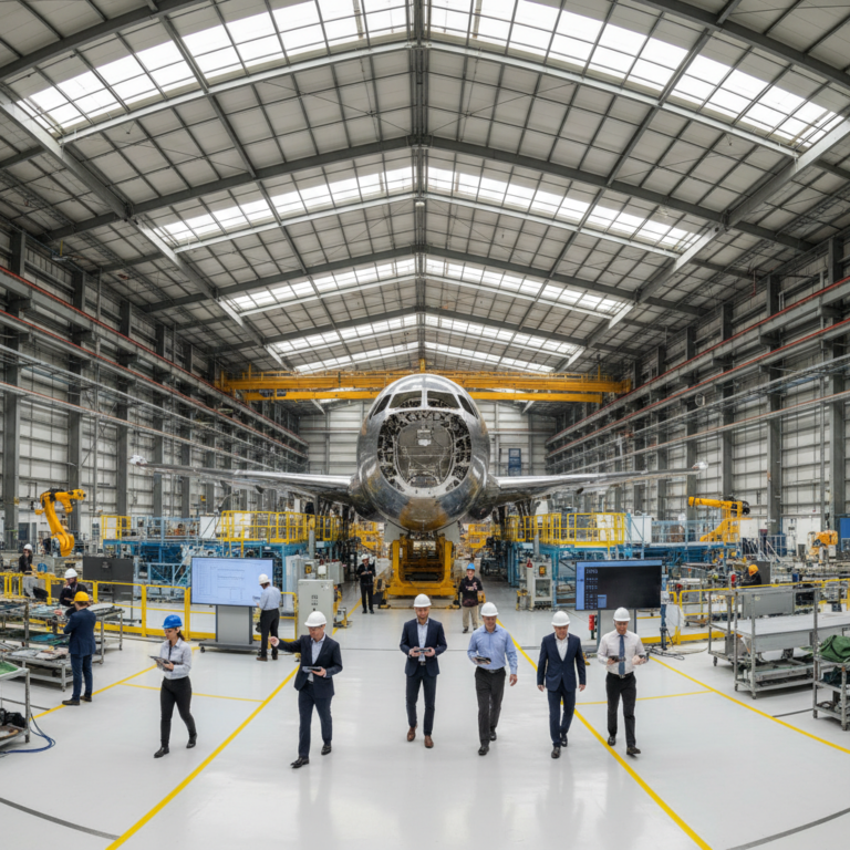 Wide view of a modern hangar where professionals ensure aerospace quality management during aircraft assembly.