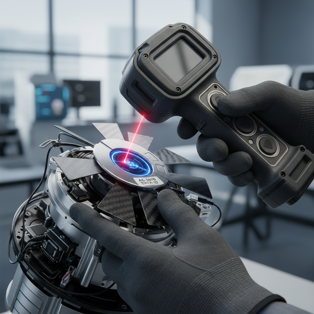Close up of a worker scanning a turbine part to maintain aerospace supply chain visibility through digital tracking.