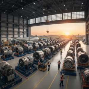 Wide shot of a logistics hangar showing aircraft parts to illustrate aerospace supply chain visibility on a global scale.
