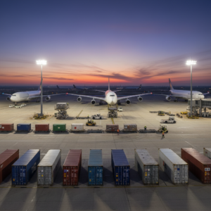 Wide view of an airport ramp with cargo planes and containers showing a secure air cargo chain of custody in action.