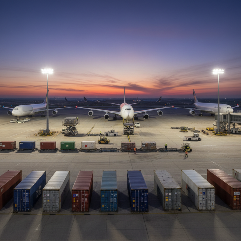 Wide view of an airport ramp with cargo planes and containers showing a secure air cargo chain of custody in action.
