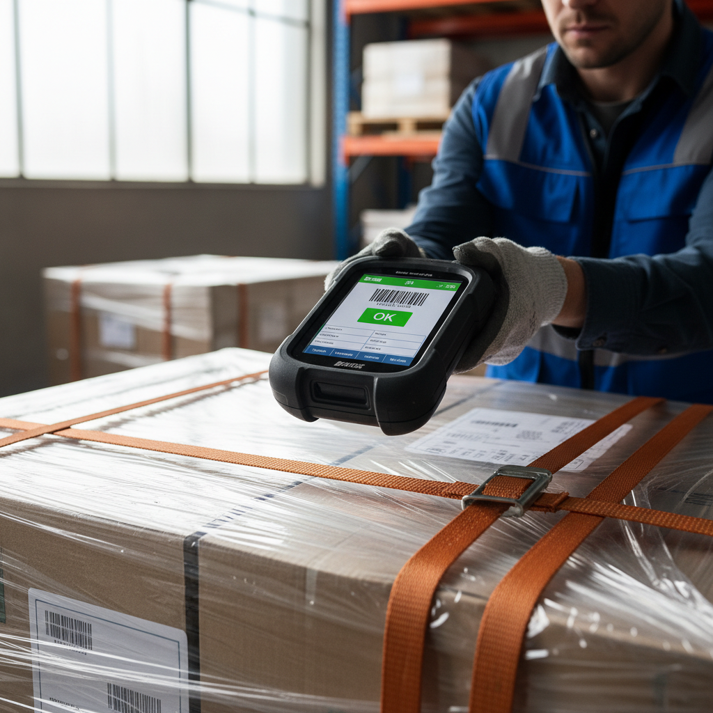 Close up of an inspector scanning a shipment to ensure safety within an air cargo risk management framework.