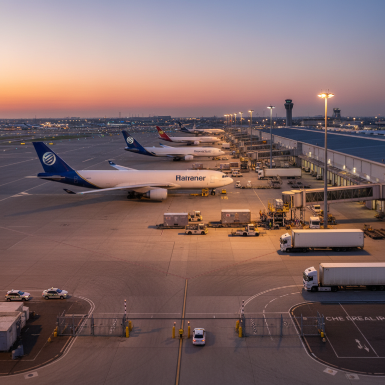 Wide view of an airport tarmac at night showing planes and logistics gear for air cargo risk management operations.