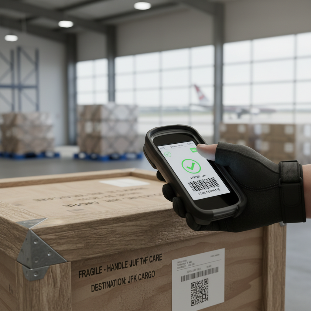 Close up of a technician using a digital scanner for air cargo security monitoring on a large shipping crate.