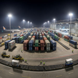 Wide view of an airport hangar during air cargo security monitoring with containers and staff under bright lights.
