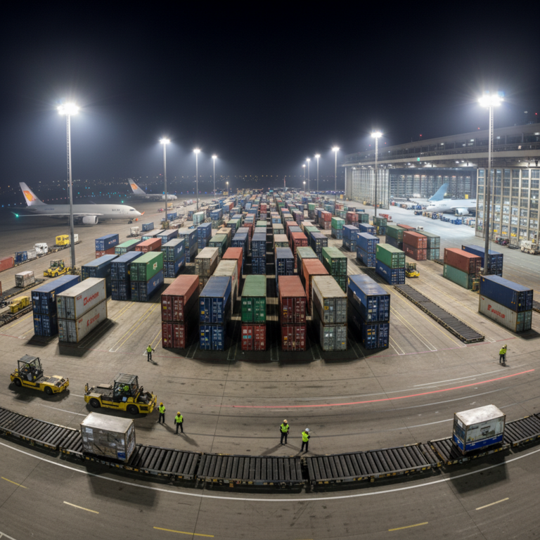 Wide view of an airport hangar during air cargo security monitoring with containers and staff under bright lights.