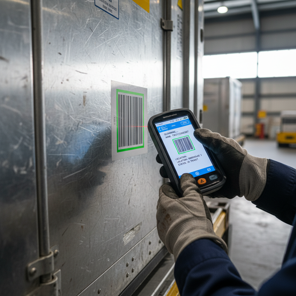 Close up of a worker scanning a tracking code on a freight container to ensure real time air cargo visibility.