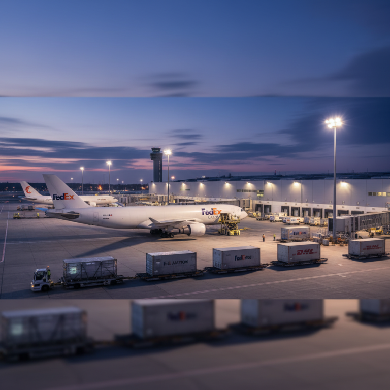 Wide view of a busy airport cargo hub at night showcasing logistics operations and air cargo visibility at scale.