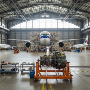 Engineers work in a large hangar showcasing a complete aircraft parts lifecycle management system for commercial jets.