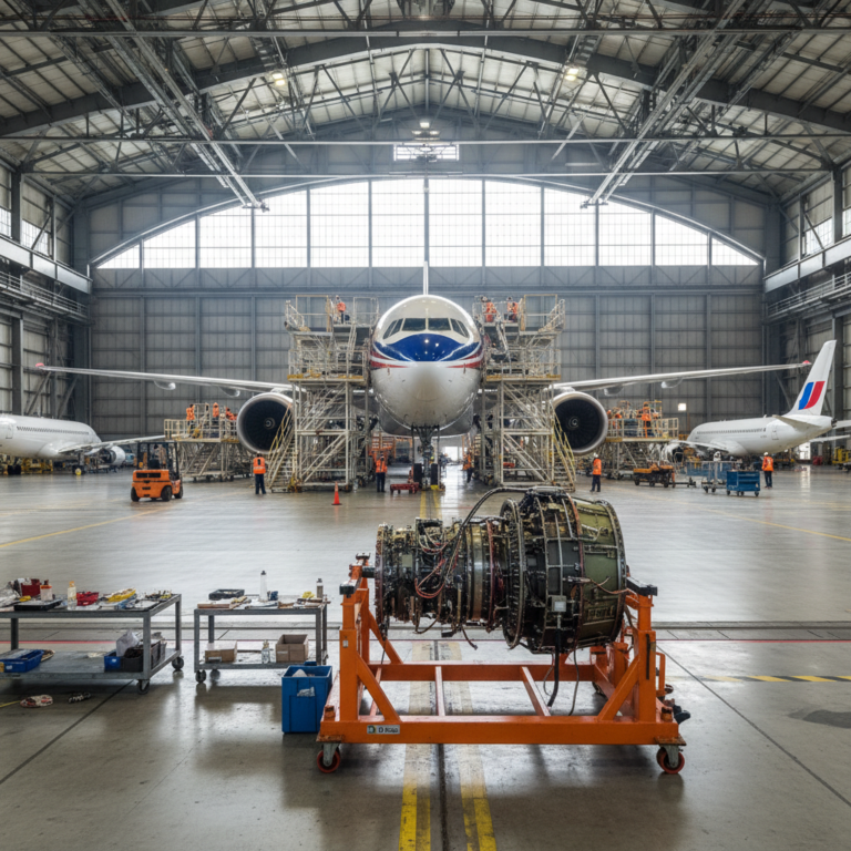 Engineers work in a large hangar showcasing a complete aircraft parts lifecycle management system for commercial jets.