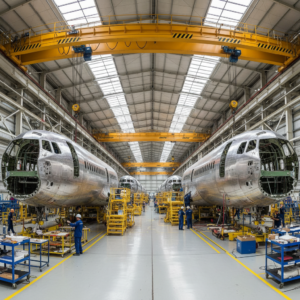 Wide view of an airplane assembly hall showing workflow scale and aircraft production efficiency in a clean facility.