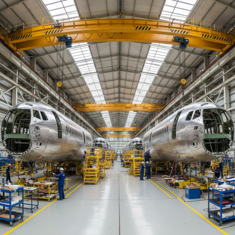 Wide view of an airplane assembly hall showing workflow scale and aircraft production efficiency in a clean facility.
