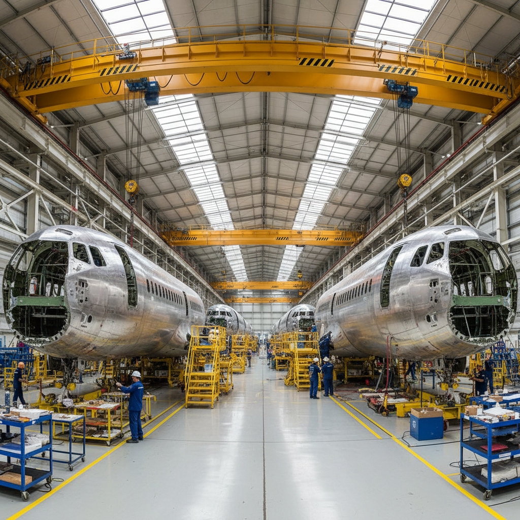 Wide view of an airplane assembly hall showing workflow scale and aircraft production efficiency in a clean facility.