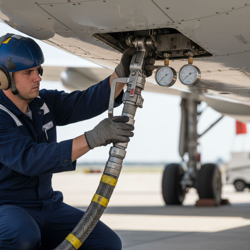 Close up of a technician fueling a plane to improve aircraft turnaround time optimization through precise ground operations.