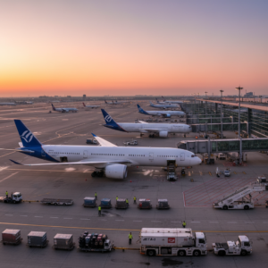 Wide panoramic view of airport gates and crews managing aircraft turnaround time optimization during a busy morning shift.
