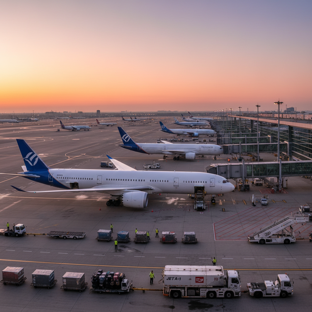 Wide panoramic view of airport gates and crews managing aircraft turnaround time optimization during a busy morning shift.