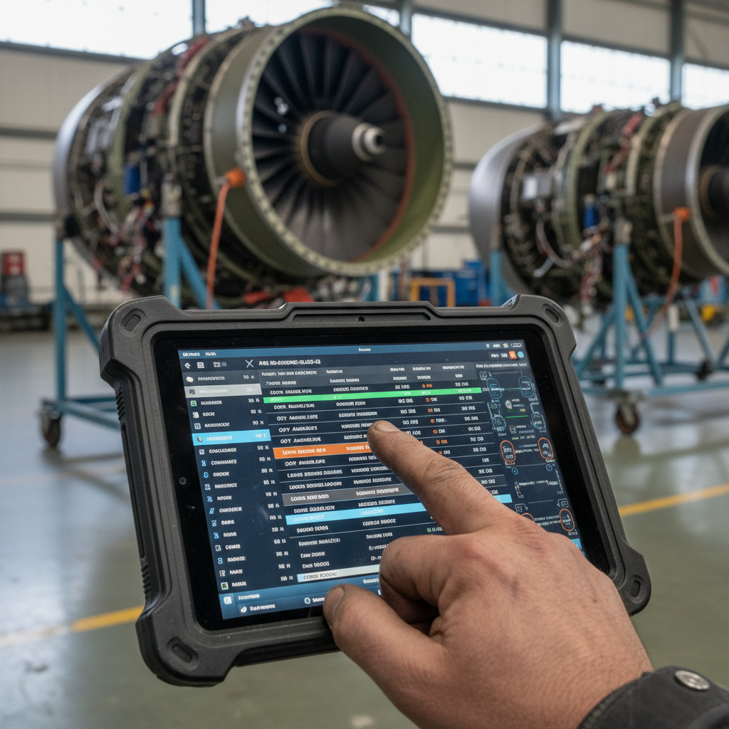 Technician using a digital tablet for airline asset management software to inspect a commercial aircraft engine.