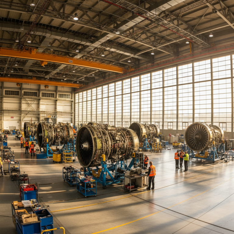 Airport hangar with jets and technicians showcasing the scale of airline asset management software operations.