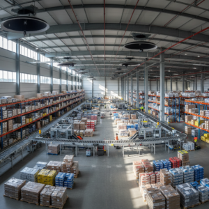 Wide view of a modern warehouse using asset audit automation systems to track large scale industrial inventory.