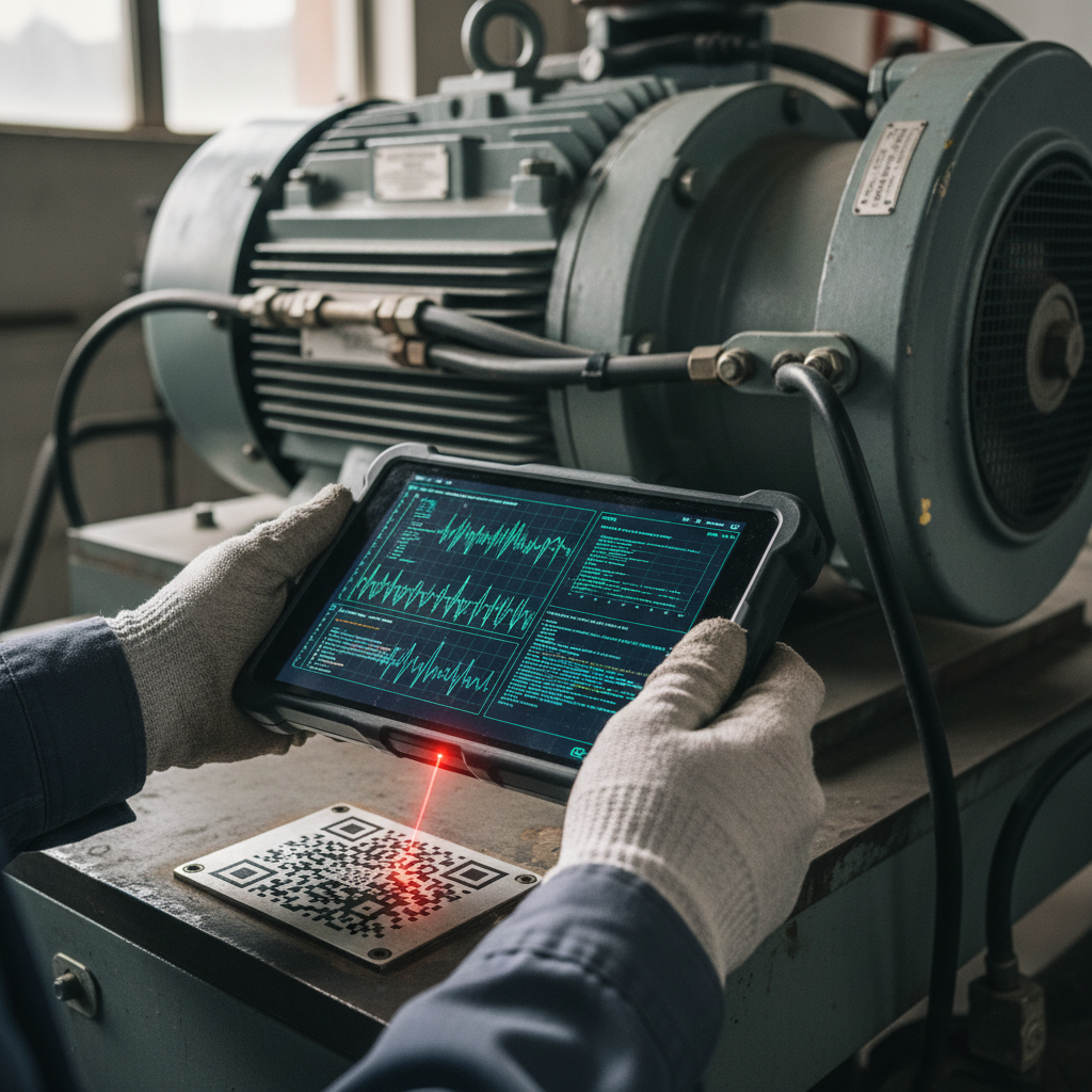 Close up of a technician checking machine data on a tablet for efficient asset lifecycle management in a factory.