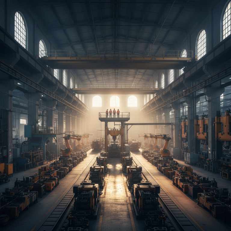 Wide view of a large industrial plant and engineers representing a complete asset lifecycle management strategy.