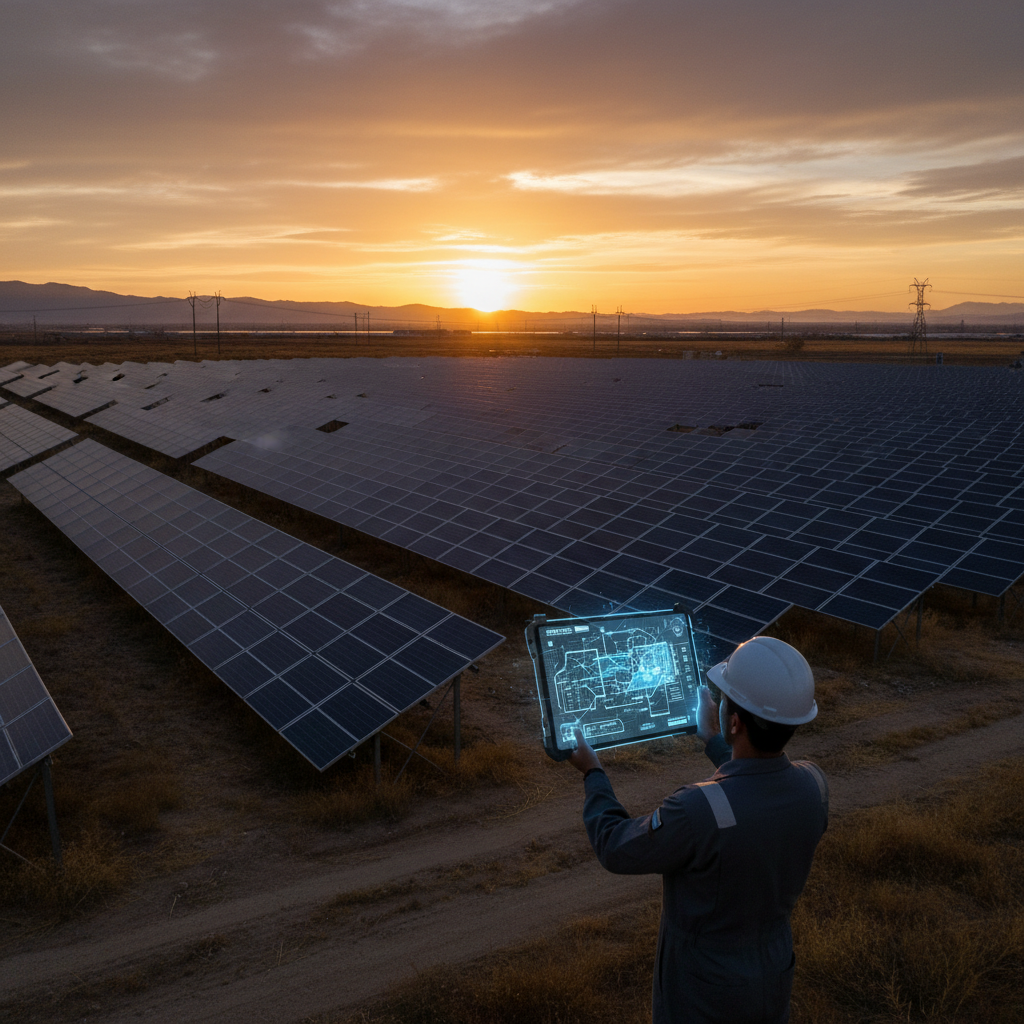 Technician using a tablet at a large solar farm to demonstrate asset tracking best practices in open fields.