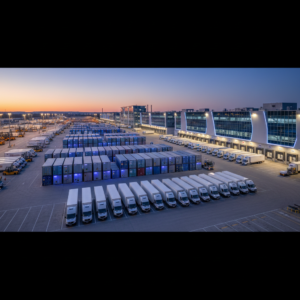 Wide view of a busy industrial warehouse used to present a strong asset tracking business case for fleet scale.