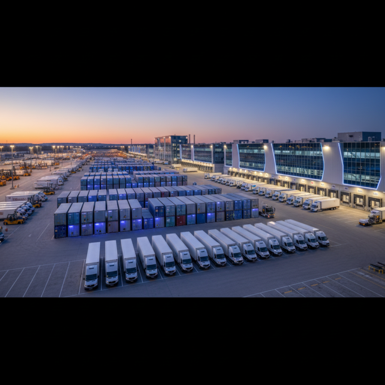 Wide view of a busy industrial warehouse used to present a strong asset tracking business case for fleet scale.