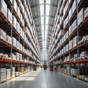 Wide view of a large warehouse showing organizational asset tracking challenges in a vast industrial storage facility.