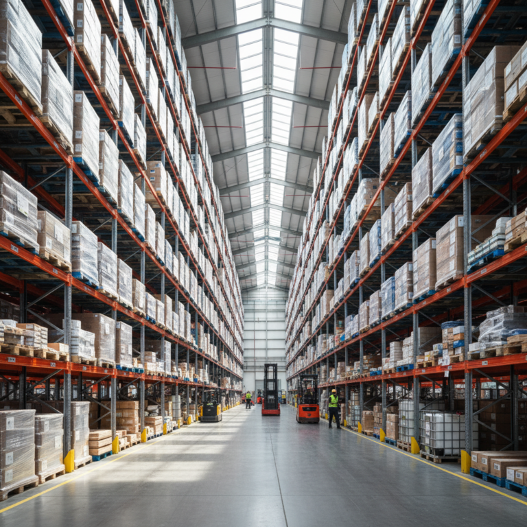 Wide view of a large warehouse showing organizational asset tracking challenges in a vast industrial storage facility.