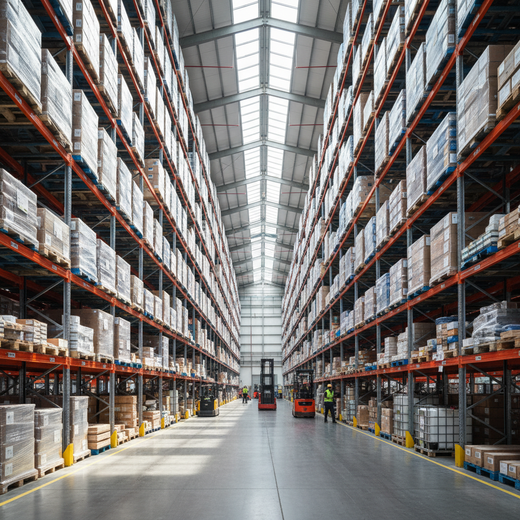 Wide view of a large warehouse showing organizational asset tracking challenges in a vast industrial storage facility.