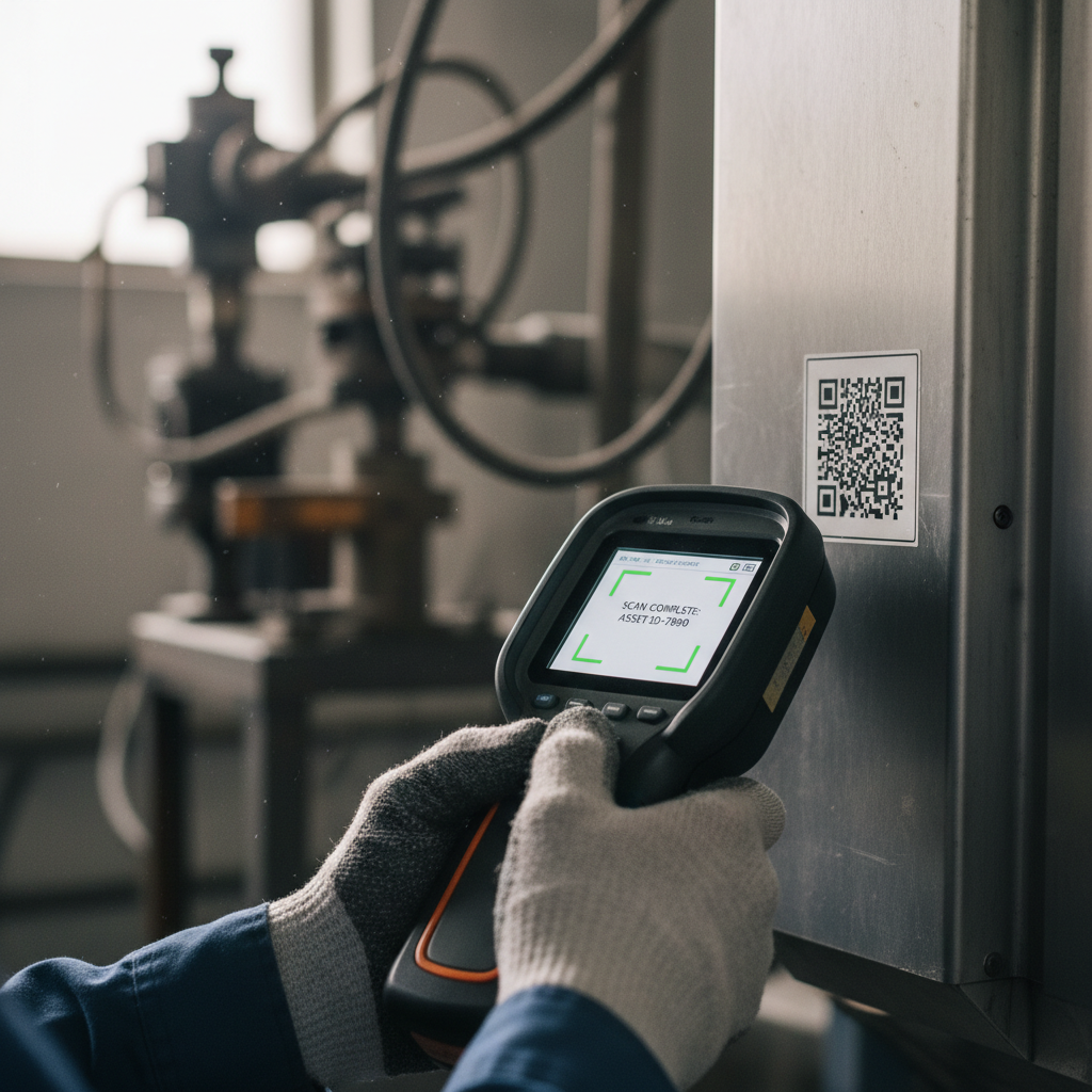 Close up of a technician scanning a barcode for an asset tracking implementation guide in an industrial setting.