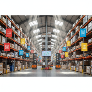 Wide view of a warehouse with tagged equipment illustrating an asset tracking implementation guide in a large facility.