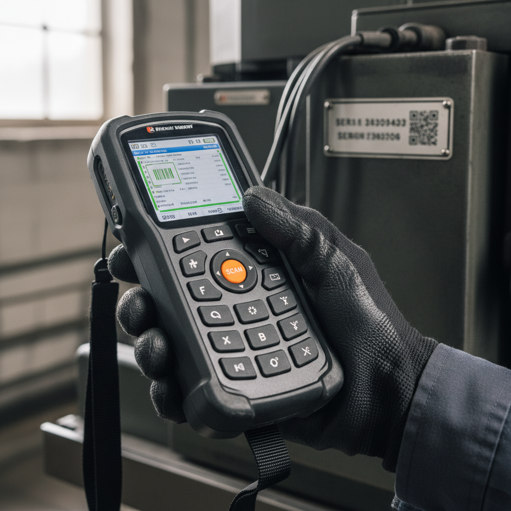 Close-up of a technician scanning equipment to monitor asset tracking key performance indicators in a professional setting.