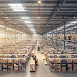 Wide view of a large industrial warehouse representing asset tracking key performance indicators for logistics business.