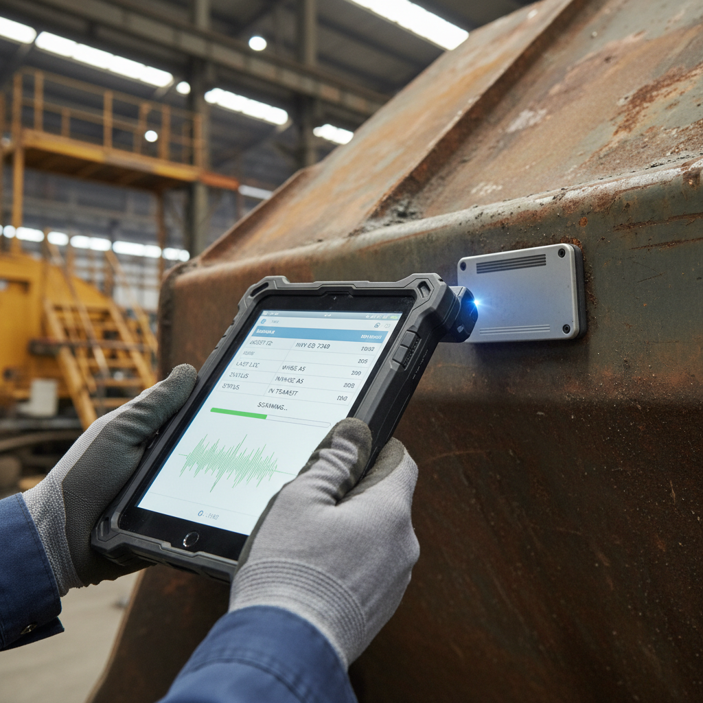 Close up of a technician using a digital tablet on machinery to monitor data for better asset tracking roi.
